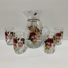 Vintage West Virginia Glass PITCHER & 4 Glasses Radiant Rose Original Sticker