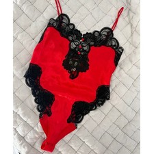 Victorias Secret Gold Label Teddy Red Satin Black Lace Body Suit Size Small S