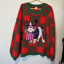 Womens French Bulldog Frenchie Ugly Christmas Sweater Sequins Snowflakes 2X