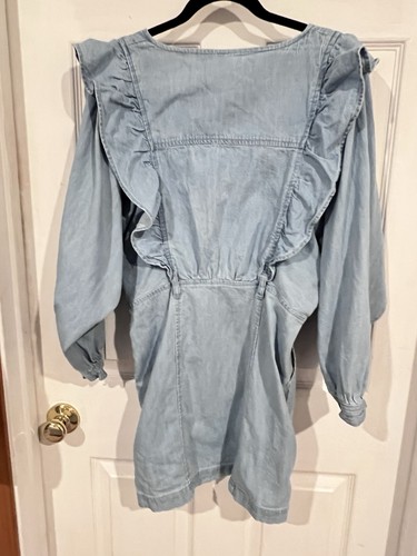 Free People Imogene Mini Dress Denim Ruffle Zip Front Belted Size Small - Picture 10 of 19