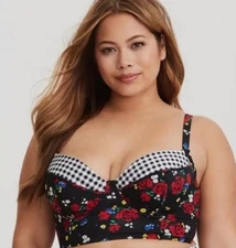 TORRID Floral Gingham Underwire Bikini Top Size 00 (10) Black Red Retro Pinup