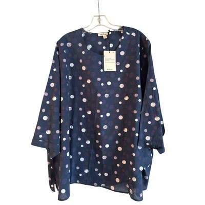 NWT Ulla Popken Women 100% Organic Cotton Shirt Tunic Polka Dot Blue Size 24/26