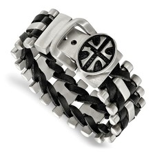 Stainless Steel Cross Buckle Black Leather Adjustable Bracelet 6.75" to 7.25"