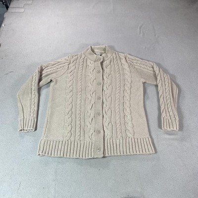 LL Bean Cardigan Sweater Womens Large Beige Cotton Cable Knit Mock Neck