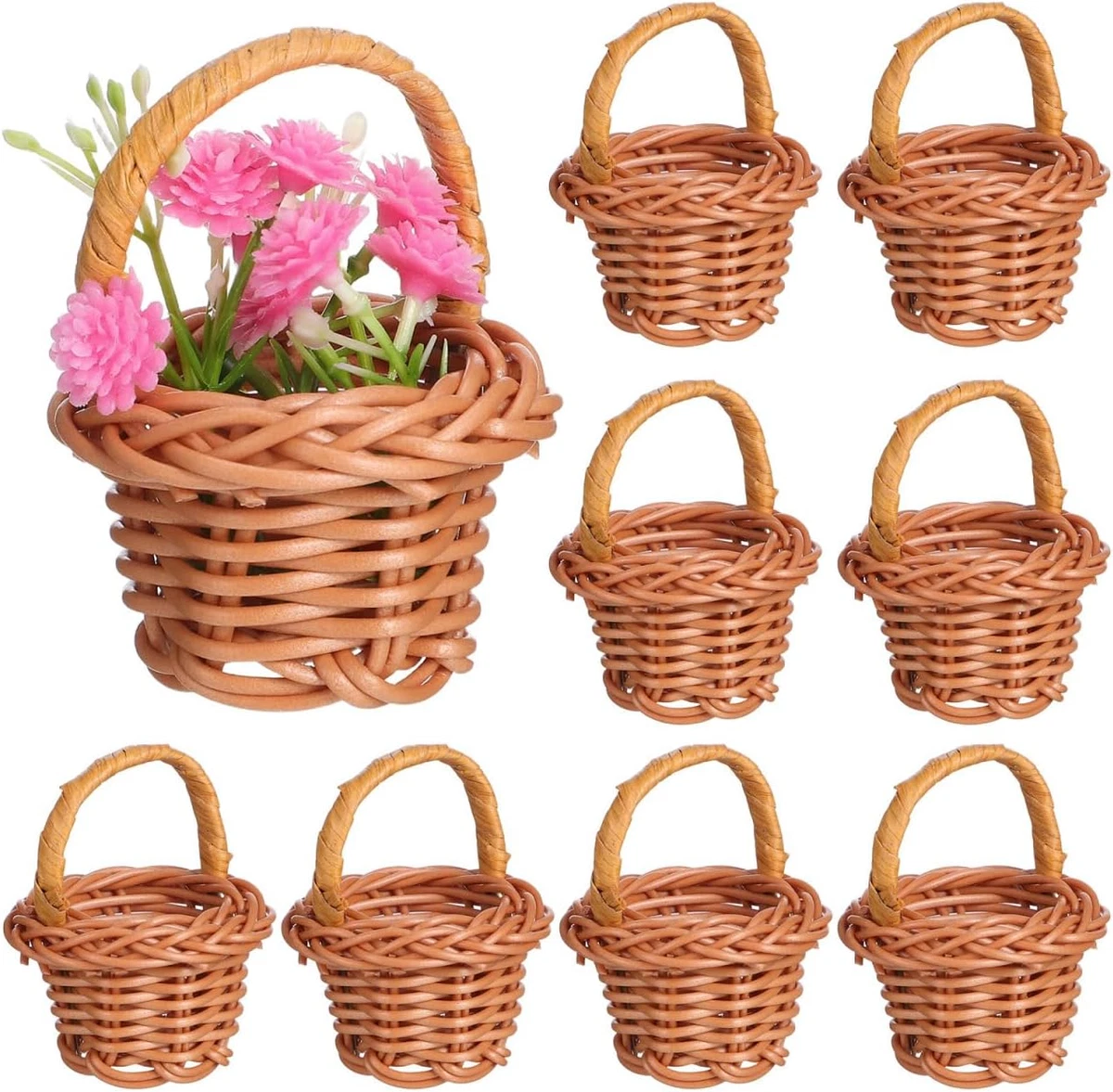 Set Di 2 Cestini Portafiori In Vimini Intrecciato Con Supporto In Legno - Decorazione Per Interni