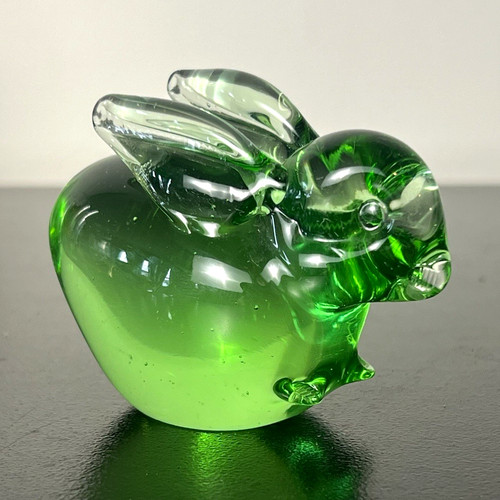 Vintage Viking Glass Green Bunny Rabbit Figure Mid Century Art Glass Paperweight