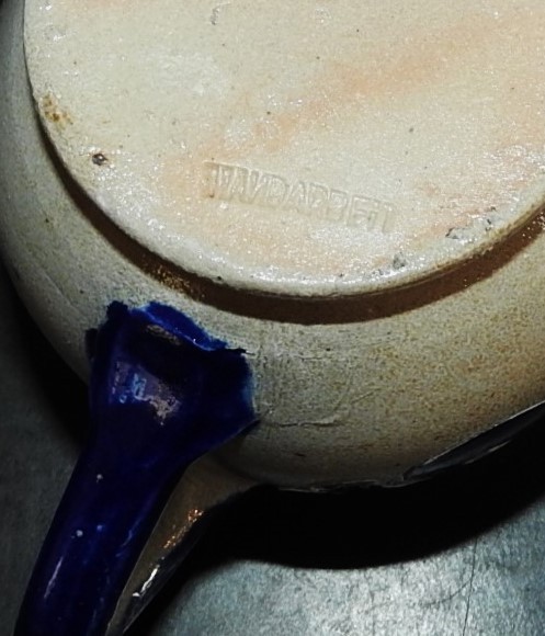 Vintage Handarbeit German Salt Glaze Pottery Coffee Mug Cobalt Blue Scroll