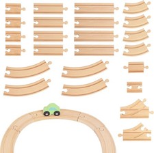 Wooden Train Tracks 24 Piece Set, Track Expansion and 9 Distinct Pieces -...