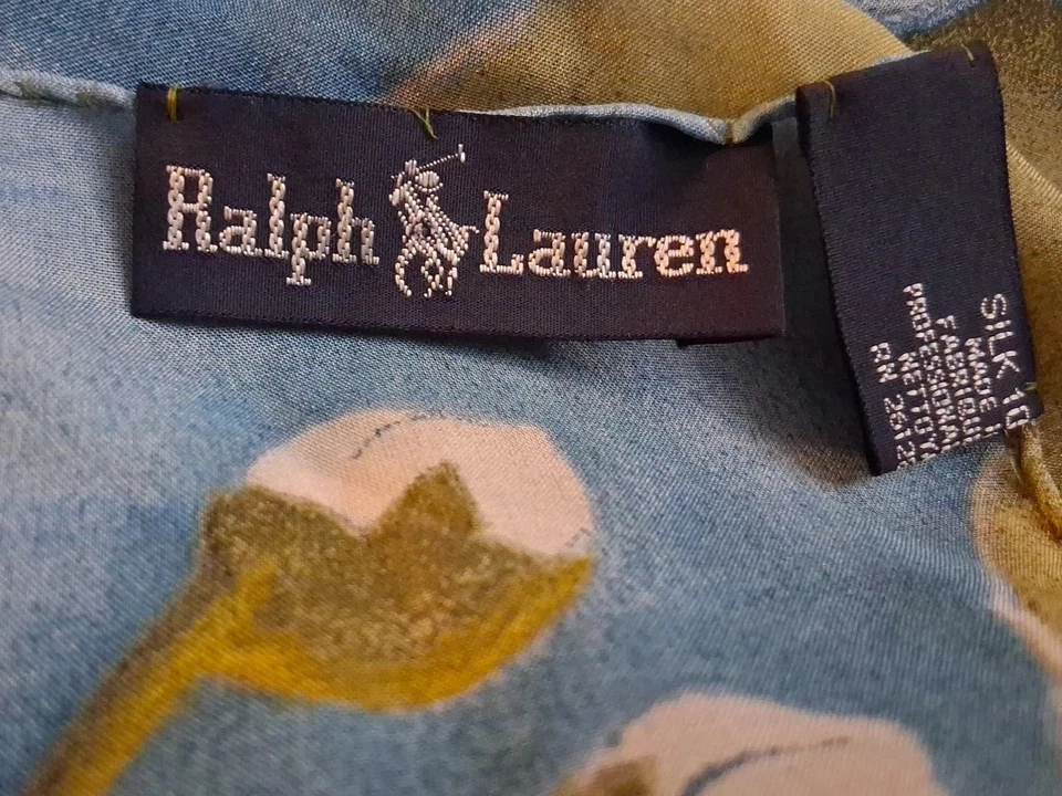 Bufanda de seda floral vintage Lauren Ralph Lauren tropical blanca hibisco azul dorado Foto 3 de 4