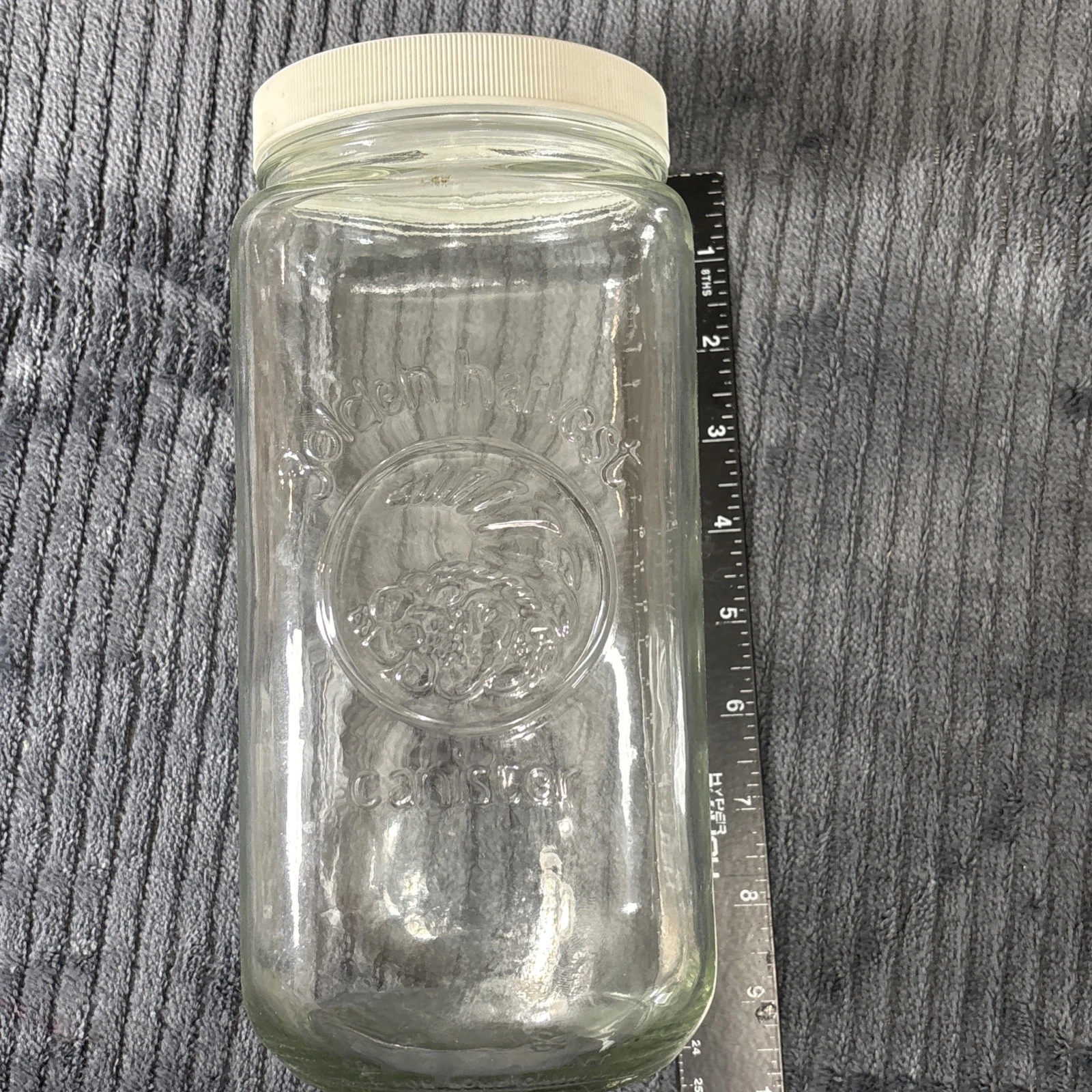 Vintage Golden Harvest Glass Canister, White Lid, 9 1/4” Tall
Opens in a new window or tab