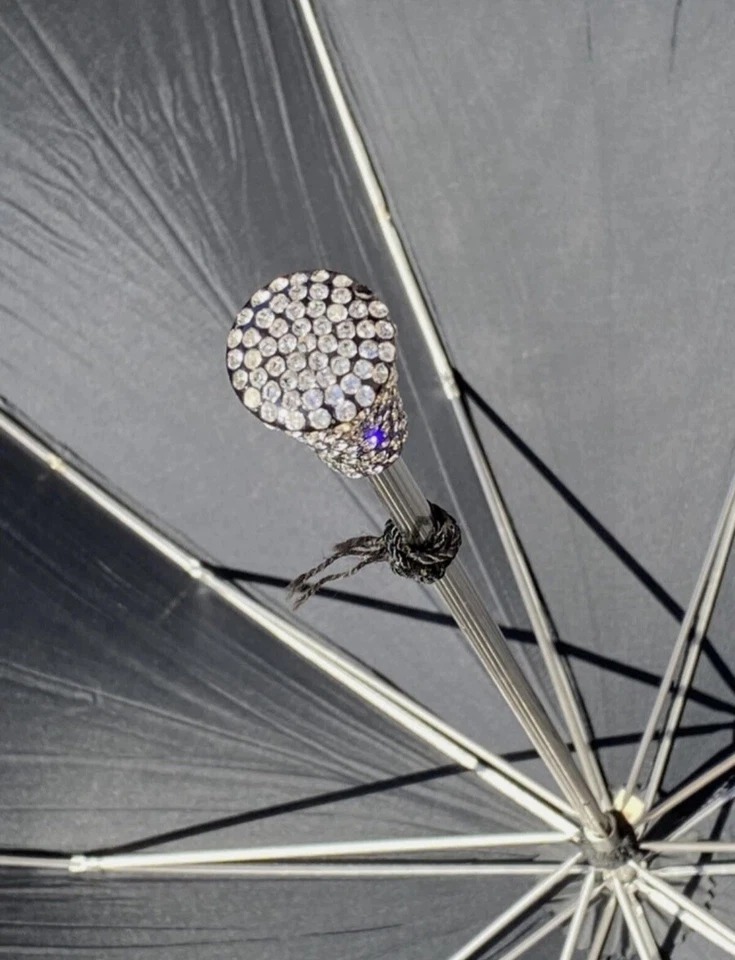 Vintage Art Deco Black Umbrella with Rhinestone Handle - Singing In The Rain - Image 3 of 4