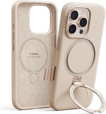 TORRAS Q3 SPIN SILICONE iPHONE 16 PRO CASE 360 MAGNETIC STAND DUNE BEIGE