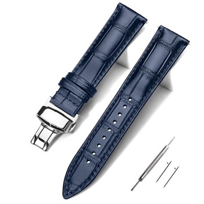 Watch Band 23mm Leather Quick Release Alligator Navy Blue Silver Clasp EACHE