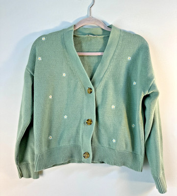 LOFT Outlet Womens Large Green Daisy Embroidered Cropped Cardigan Sweater
