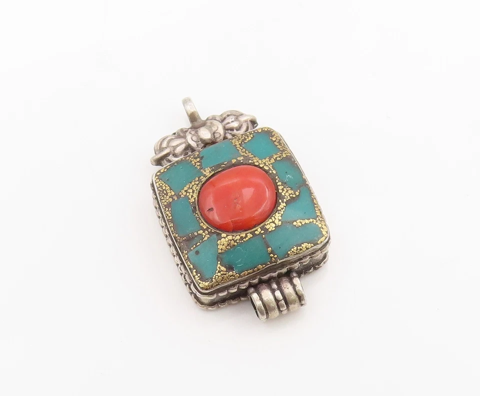925 Sterling Silver Vintage Pendant Coral & Turquoise Prayer Box OPENS  PT25496 - Image 2 of 4