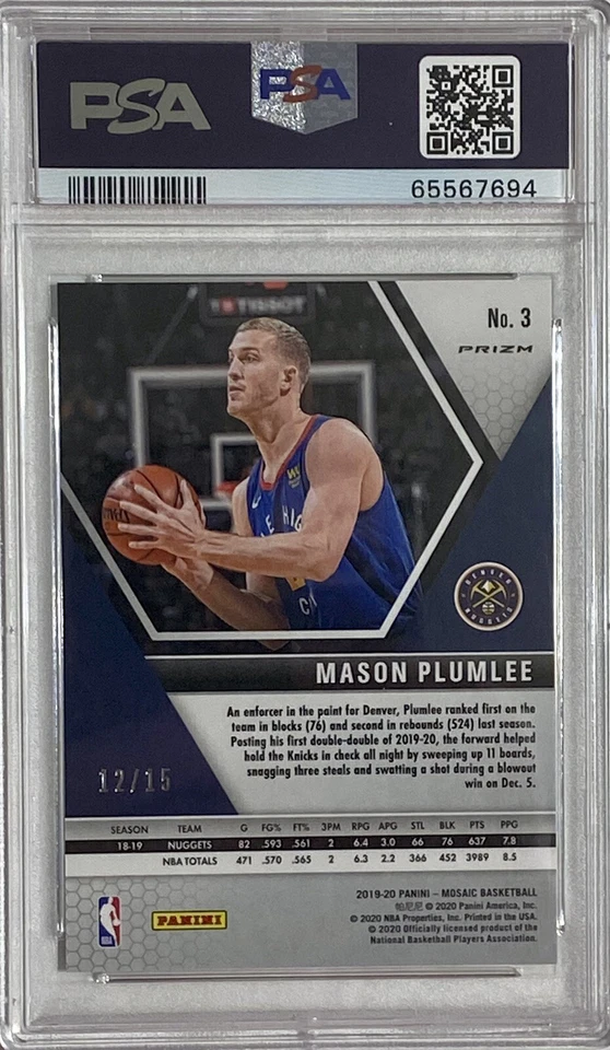 2019 Panini Mosaic #3 Mason Plumlee NBA Blue Fluorescent #12/15 PSA 10 Gem Mint - Image 4 of 4