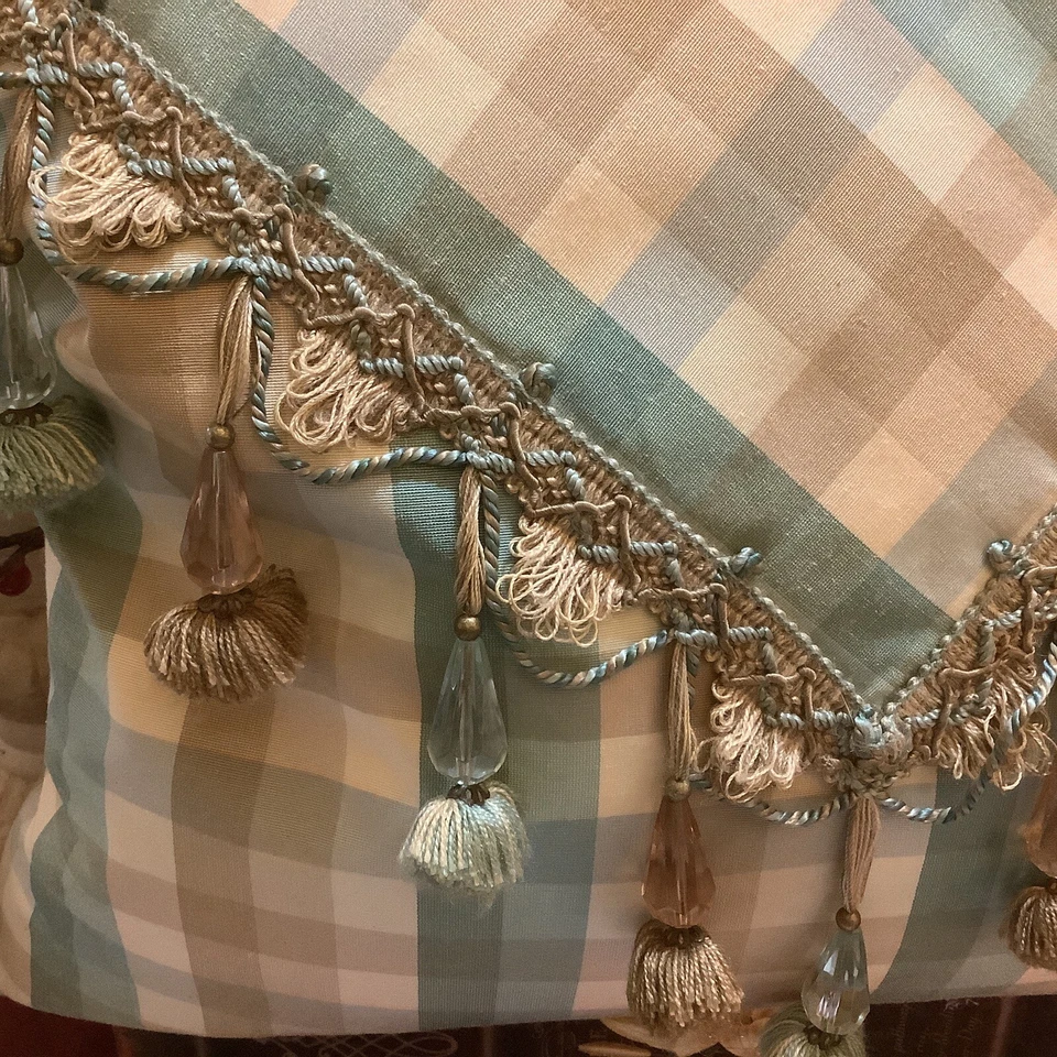 Custom Envelope Pillow~16” Sq~Teal/Brown Plaid~w/Unique Tassels~French Country~ - Image 2 of 4