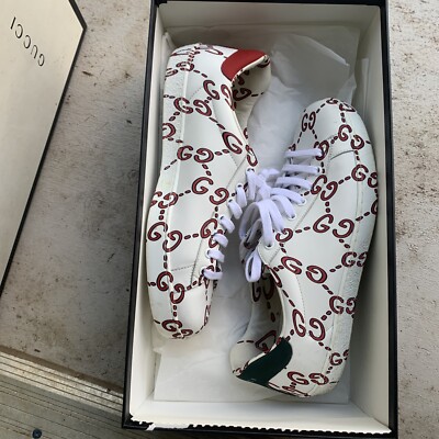 Gucci Ace Perforated Interlocking G White Gray Leather Sneakers Size UK 8 US 8.5