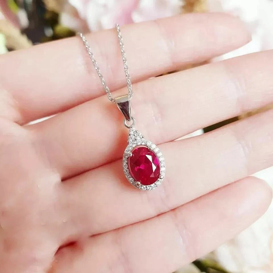 Women's Gift Pendant 14K White Gold Plated 1.60Ct Oval Cut Lab Created Red Ruby - Image 4 of 4