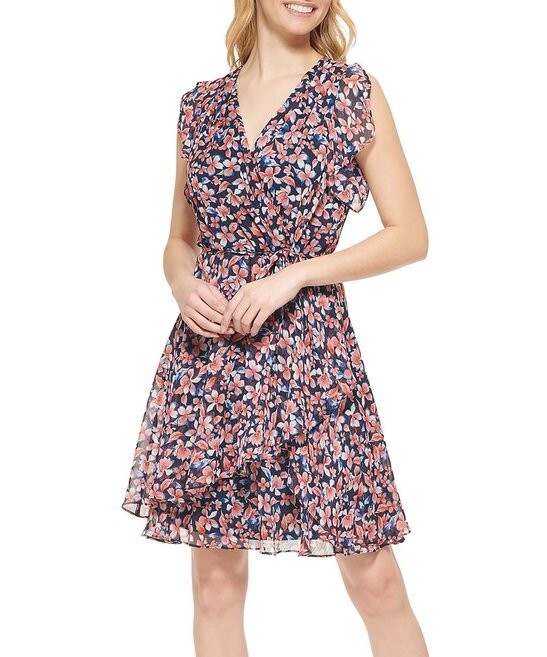 tommy hilfiger flutter sleeve chiffon dress Tommy Hilfiger Women's Flutter-Sleeve Tie Neck Chiffon Midi Dress