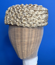 VTG Pill Box Hat Woven Cream Ribbon w Lt Brown Velvet Ribbon Bow Mod retro 1960