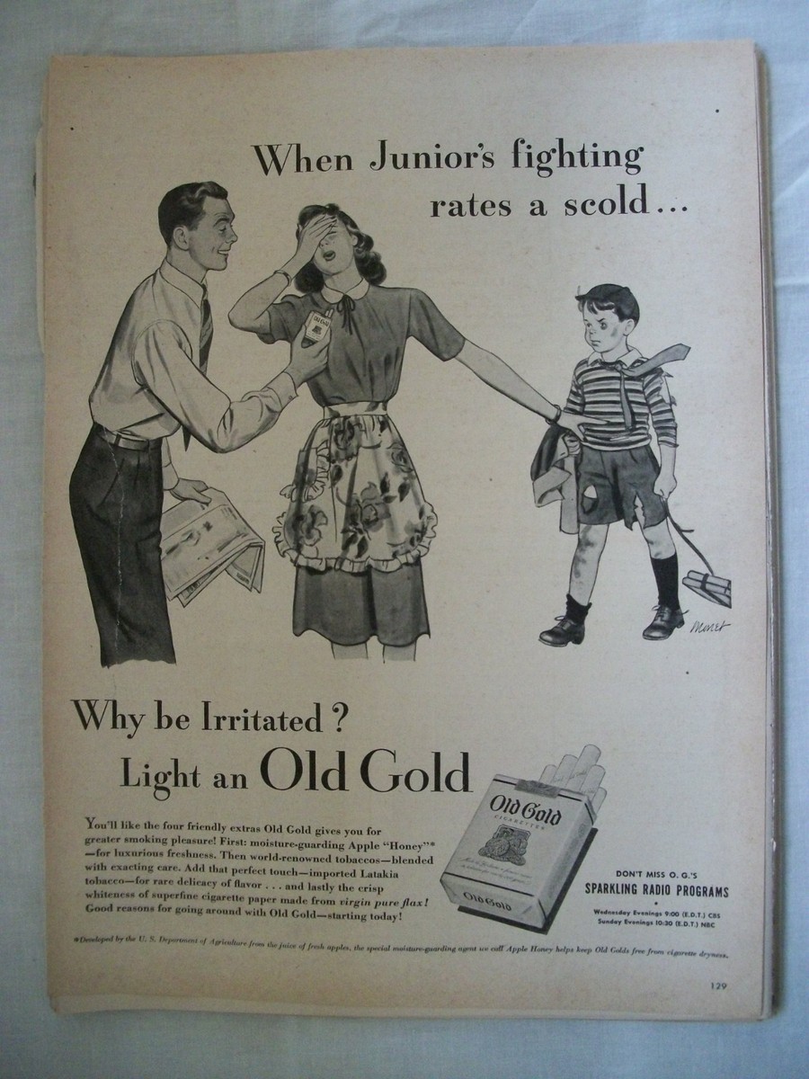 VTG 1946 Original Magazine Ad Old Gold Cigarettes BW IRRITATED Junior's  Fighting