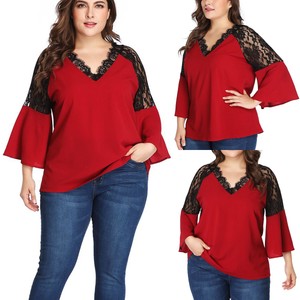 Plus-Size-Women-Lace-Crochet-V-Neck-Bell-Sleeve-Casual-Loose-T-Shirt-Blouse-Tops