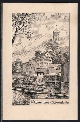 Künstler-AK Eugen Felle: Isny, Burg und St. Georgskirche 1934 