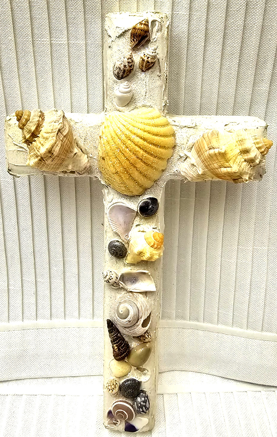 Coastal Shell Cross Wall Decor Handmade Seashell & Sand-Covered Religious Art AB