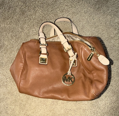 Michael Kors Brown Medium Pebbled Satchel Top Handle Zip Gold Hardware Charm