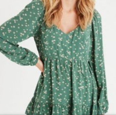 American Eagle Green & Mini Daisies Floral Boho Layered Peasant Top L