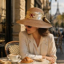 Sun Hat, Tan ,Wide Brim, bow, Embroidered flowers, Derby, Church, European Style