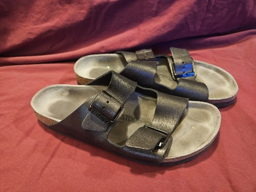 Birkenstock Women's Arizona Metallic Black Wash Slip On Sandals Size 41 USED