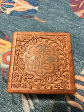 Vintage Hand Carved Wooden Trinket Jewelry Box Brass Inlay Made in India 4.5  