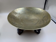 Stunning Vintage Brass Chinese Dragon Etched Bowl / Dish With Wooden Base Stand