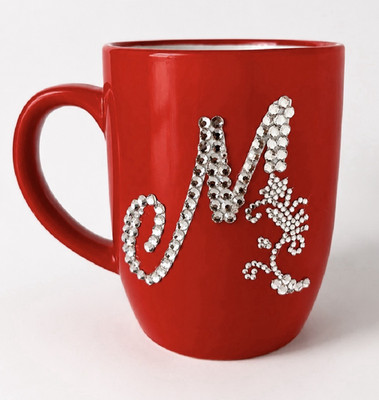 Red Ceramic 16 fl oz Coffee Mug w/ Silver Rhinestone Monogram Letter M