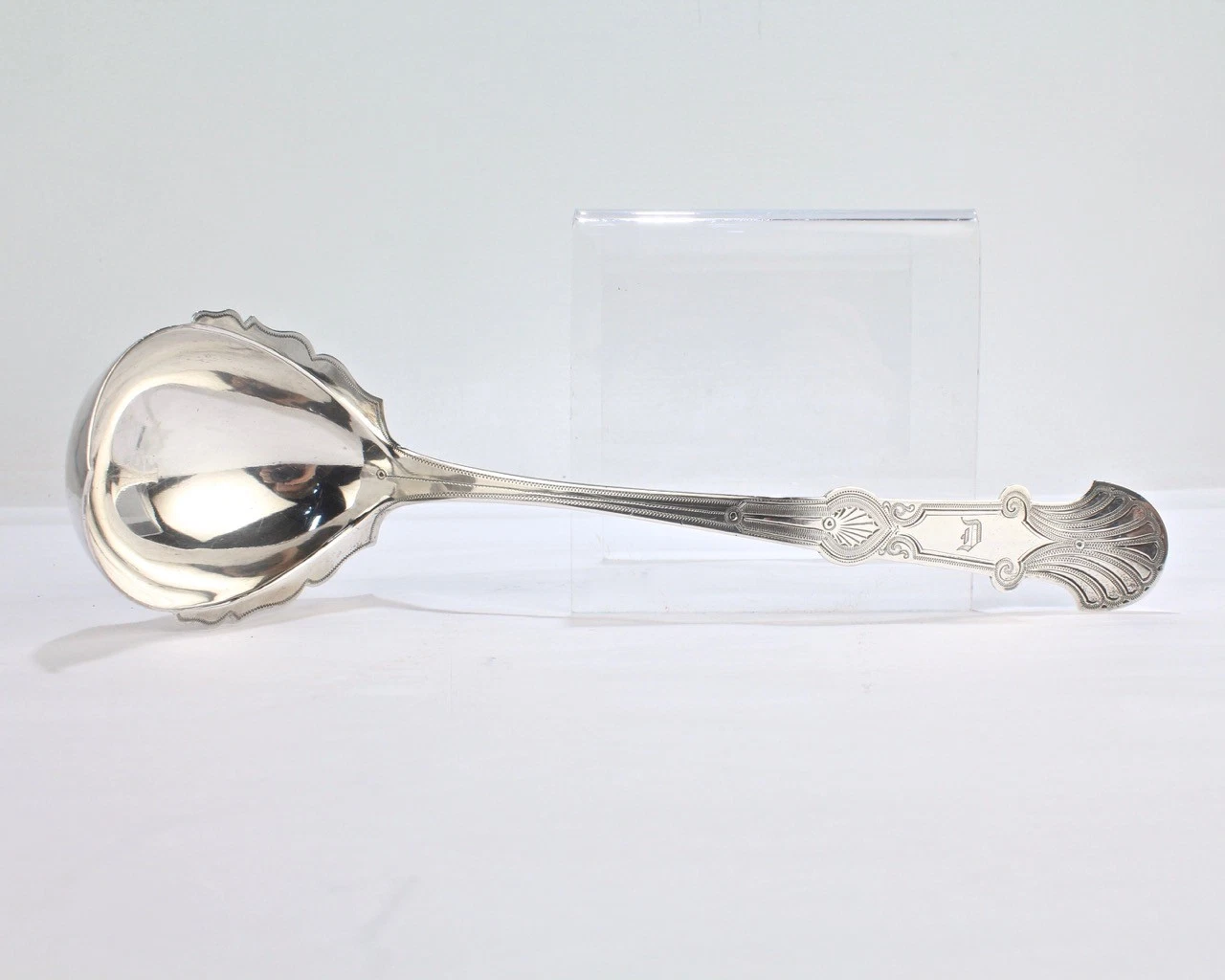 J P Butler Philadelphia Coin Silver Ladle - Brite Cut James Watt American 19C.