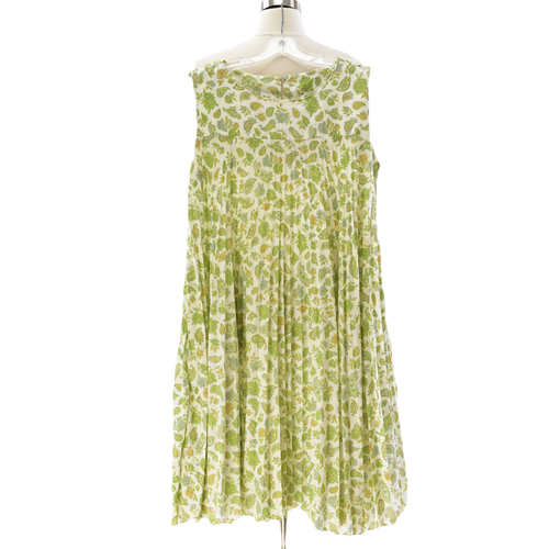 60s Green Paisley Print Tent Dress Accordion Pleat Size M