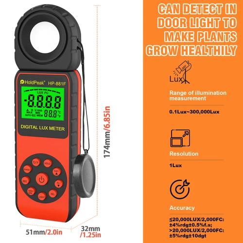 Holdpeak Digital Auto Luxmeter Illuminometer Handheld Light Meter 400,000Lux Tem - Picture 2 of 5