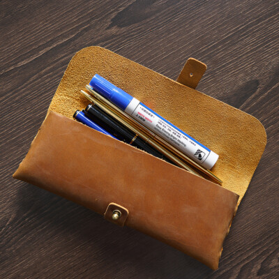 Genuine Buffalo Leather Pencil Case - Vintage Style Zipper Pouch For Pens, Markers, Art Supplies (8"x3"x3")