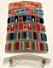 Vintage Knit Fabric Print Folk Stripe Plastic Barrette Hair Clip Made in France