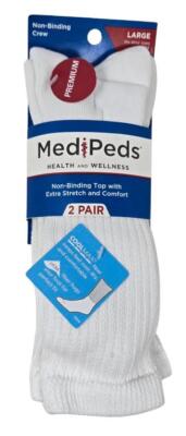 2 PAIR MediPeds Premium Diabetic Cool Max Crew Socks Large Men 7-12 Women 10-13
