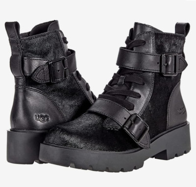 UGG Zorrah Haircalf Flat Style Boots Zip & Lace-up Black Genuine Leather Size 10