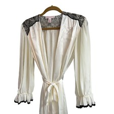 Vintage Oscar De La Renta Pink Label Sheer Ivory Long Robe Black Lace Accent S