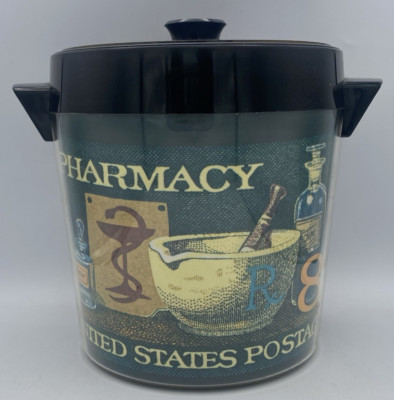 Vintage Pharmacy Stamp Ice Bucket Cadeuces Thermo-serve Mortar Pestle Medicine