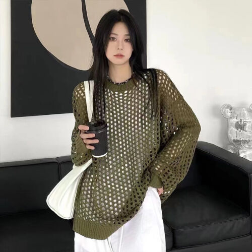 Women Fashion Chic Hollow Out Round Neck Long Sleeve Casual Loose Knitted To  GF - Afbeelding 1 van 16
