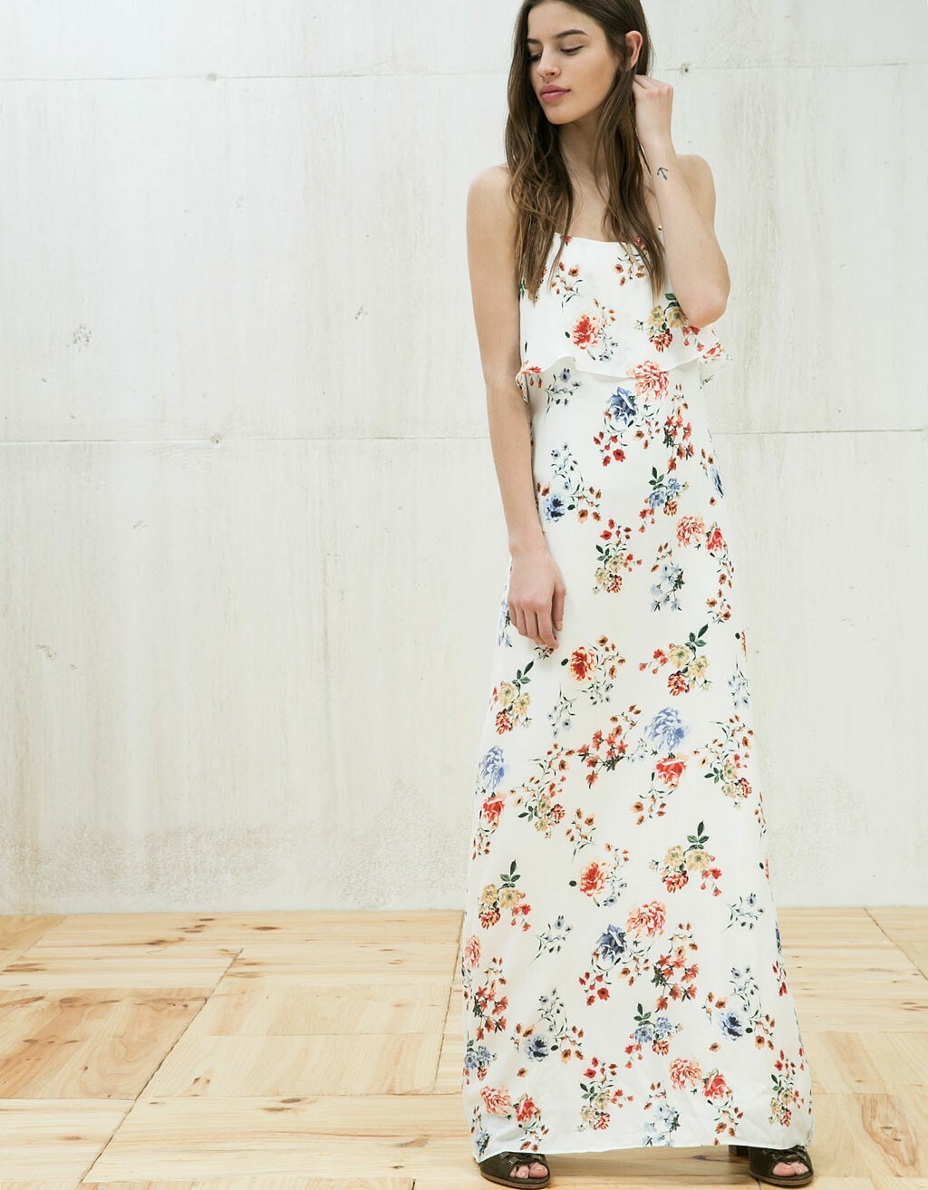 Bershka Dress Long Dress Maxi Dress Flowers Pattern Ruffle Neckline New L |  eBay