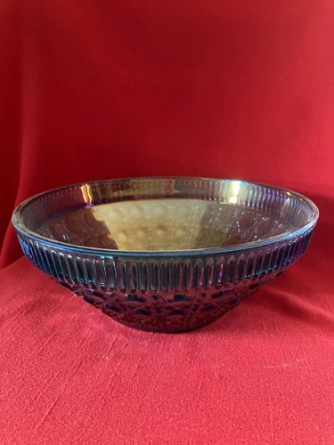 Large vintage peacock blue carnival glass fruit bowl, Indiana Glass Co "Windsor"