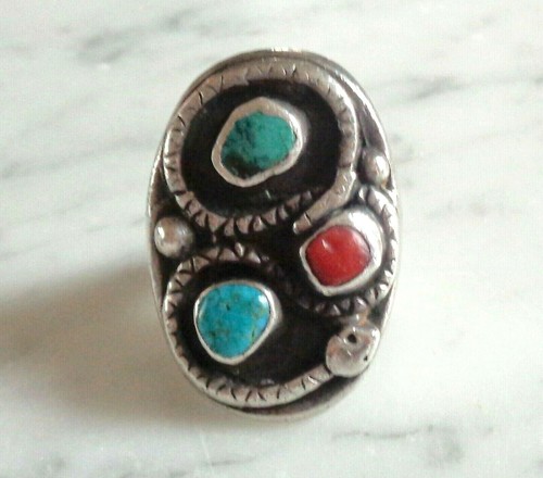 Navajo Sterling Silver Snake Turquoise Red Coral Mens Ring Size 11 - Picture 2 of 12