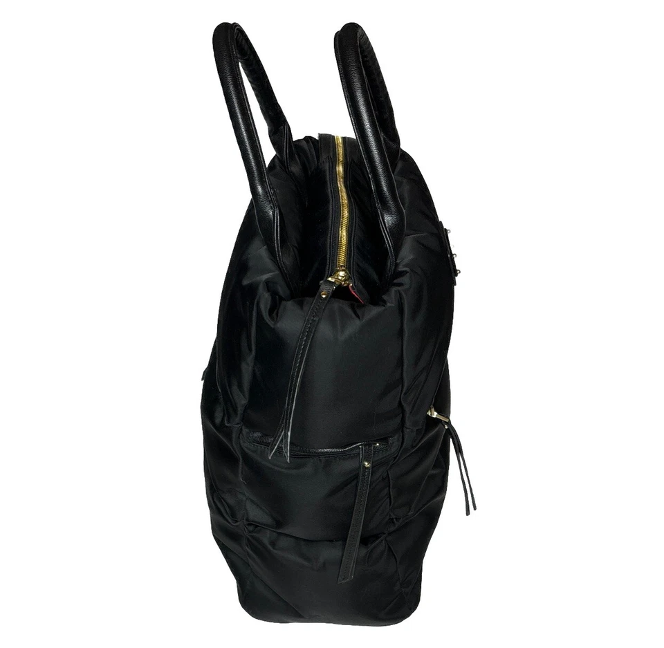 ADRIENNE VITTADINI BLACK NYLON LEATHER QUILTED BAG TOTE DUFFLE PUFFER TRAVEL - Image 4 of 4